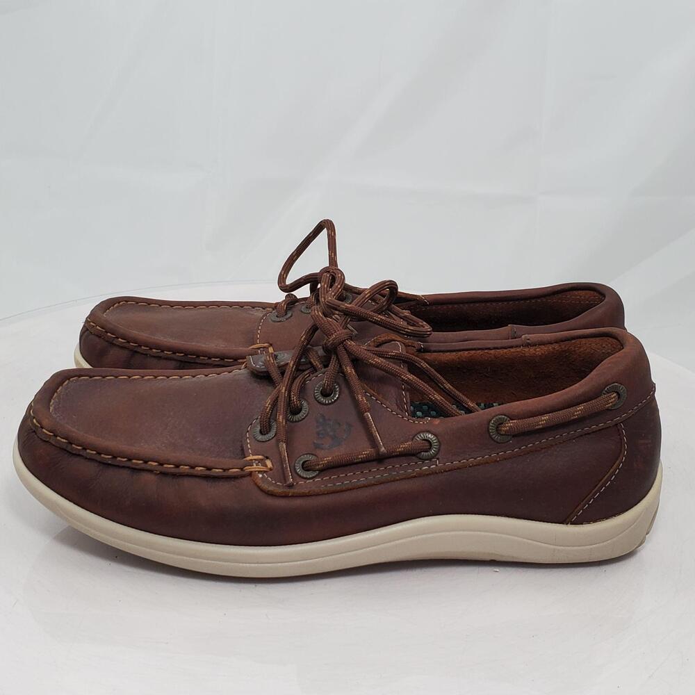 SAS Decksider Boat Shoes Men 8 Brown Leather Square Toe Nautical Comfort USA